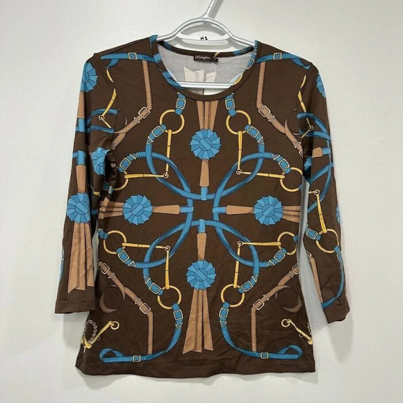 J Mclaughlin Womens Signature Shirt Small Brown Crew‎ Neck Stretch Chain NEW - Picture 1 of 7